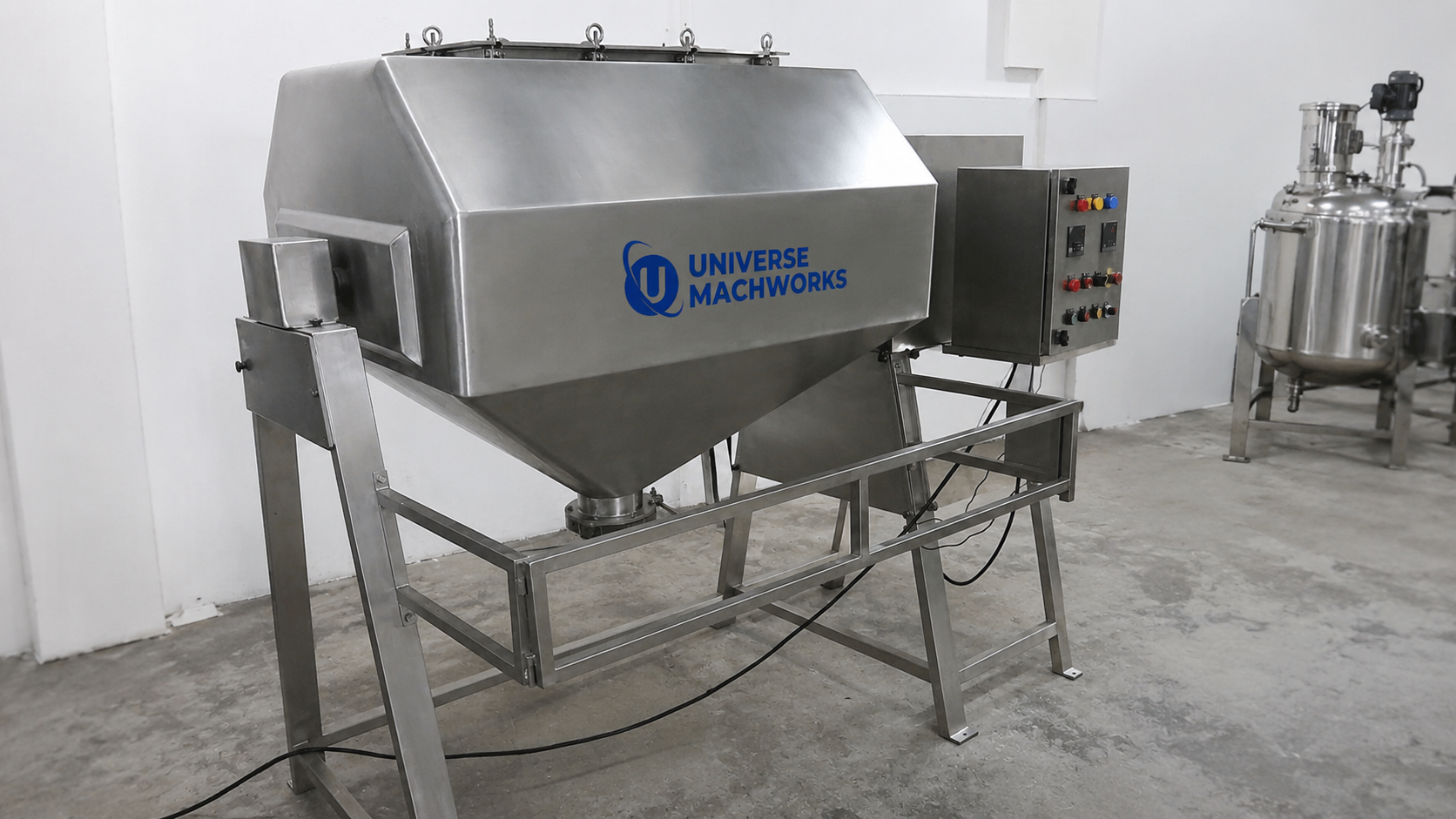 Universe Mach Works Octagonal Blender installed on a pharmaceutical powder processing line