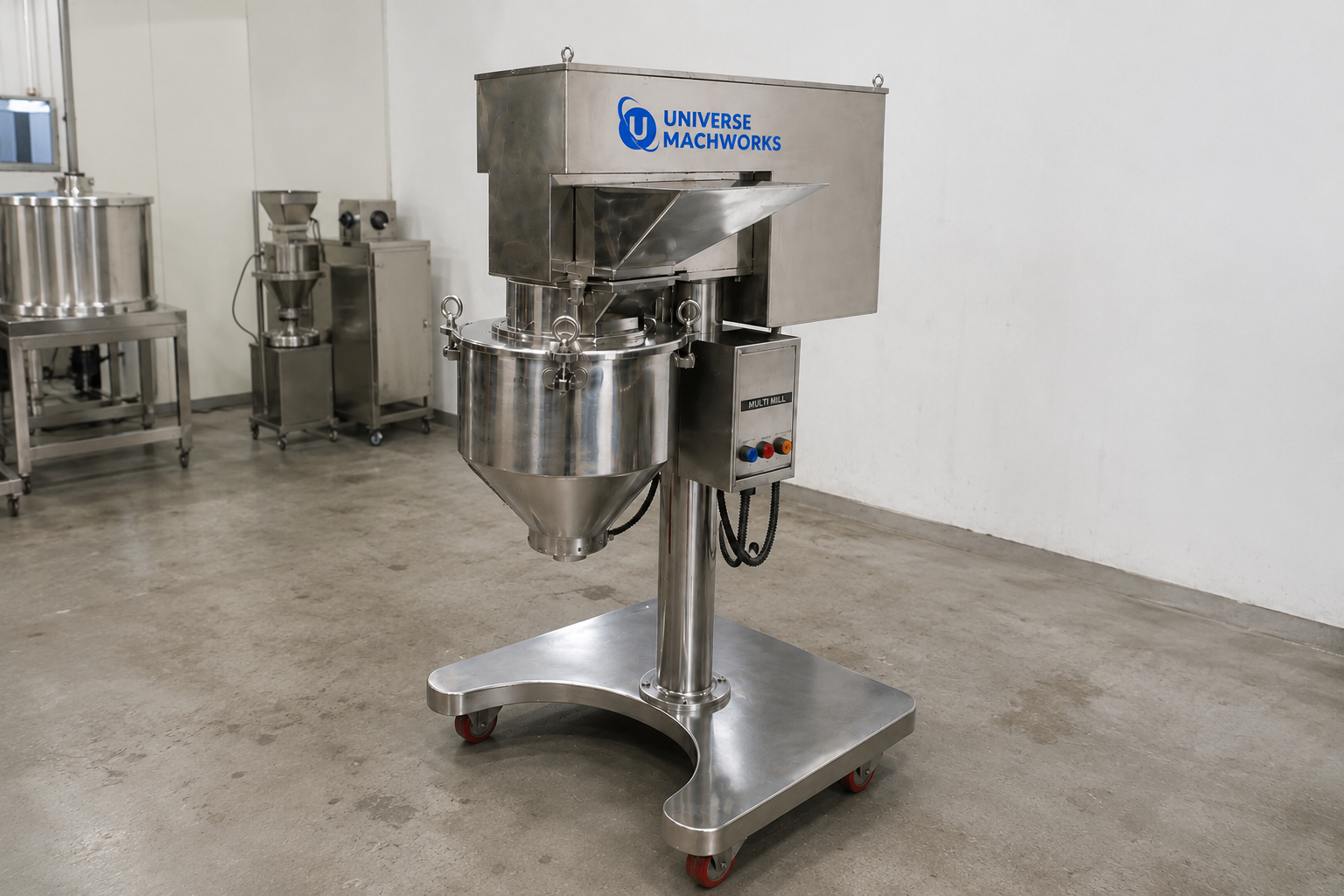 Universe Machworks stainless steel Multi Mill Machine installed in a pharmaceutical processing facility