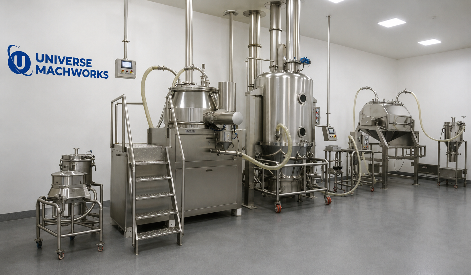 Complete pharmaceutical machinery production line inside a GMP-compliant facility by Universe Mach Works
