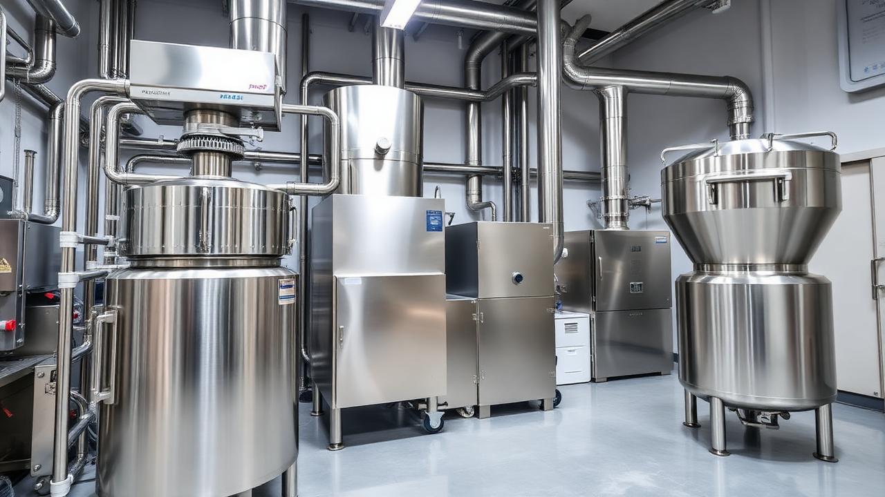 Stainless steel pharmaceutical granulation and drying equipment in a GMP cleanroom
