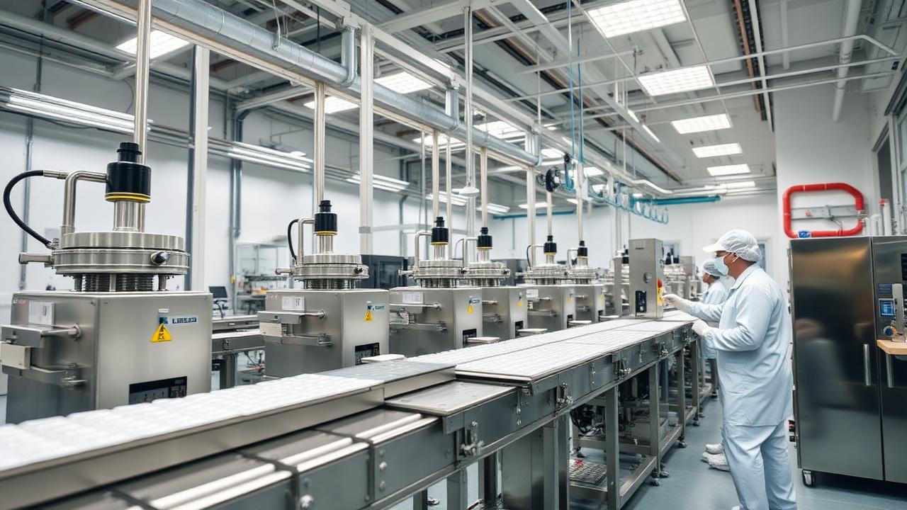 Modern pharmaceutical tablet manufacturing production line with stainless steel tablet compression machines
