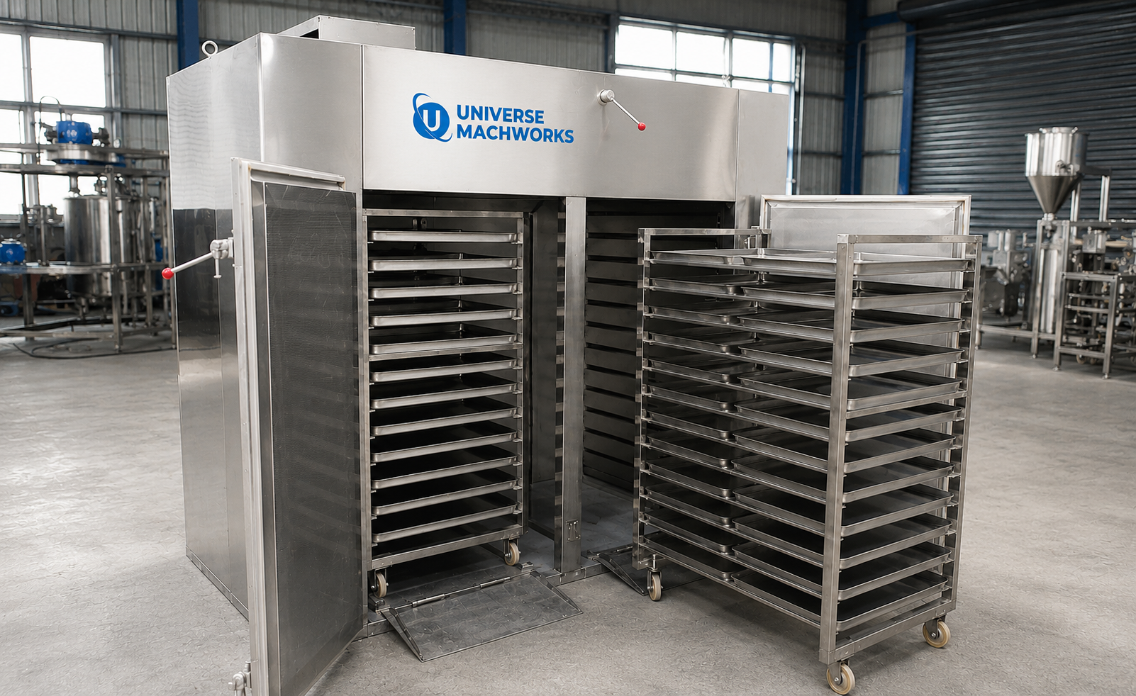 Universe Mach Works stainless steel Tray Dryer with loaded tray trolley inside a pharmaceutical machinery workshop