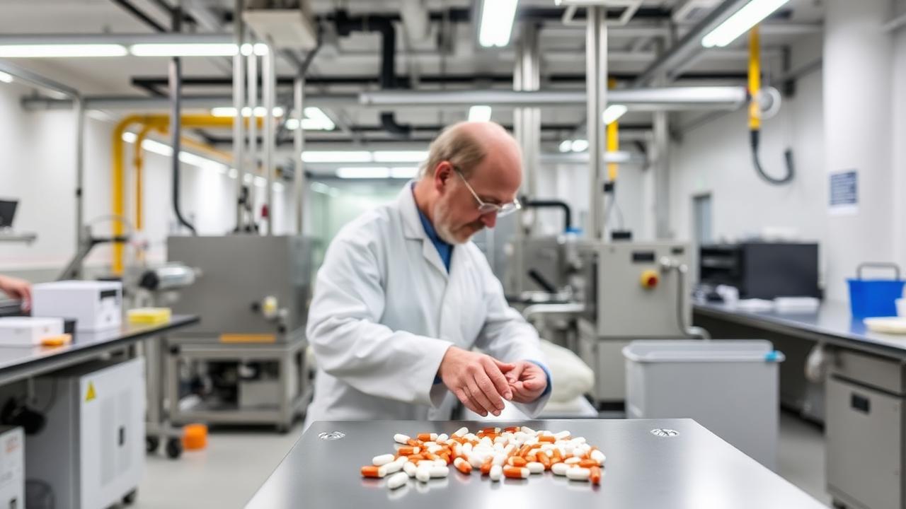 Quality control technician inspecting tablets and capsules in a pharmaceutical laboratory