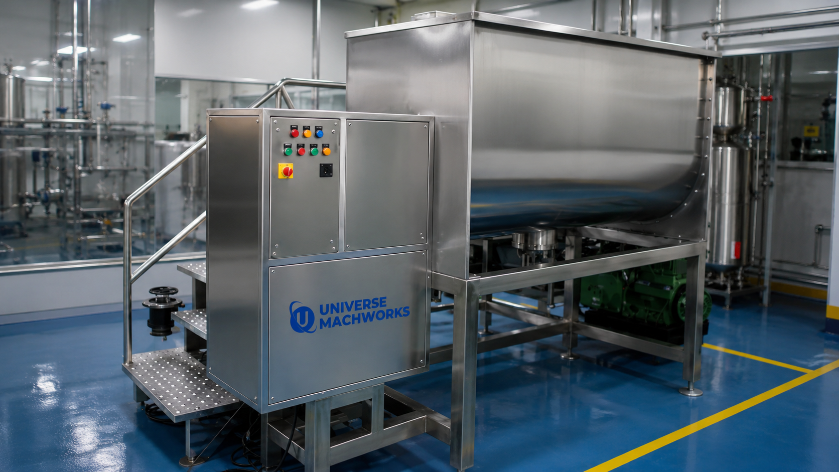 Stainless steel Universe Machworks Ribbon Blender installed in a pharmaceutical production facility with control panel and platform