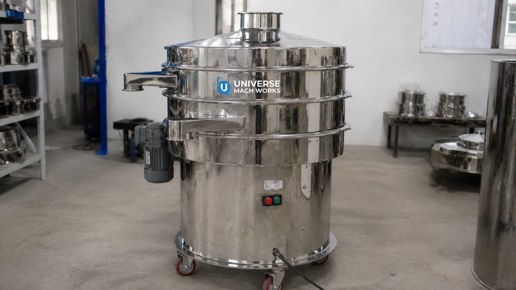 Universe Mach Works stainless steel Vibro Sifter in a pharmaceutical machinery workshop