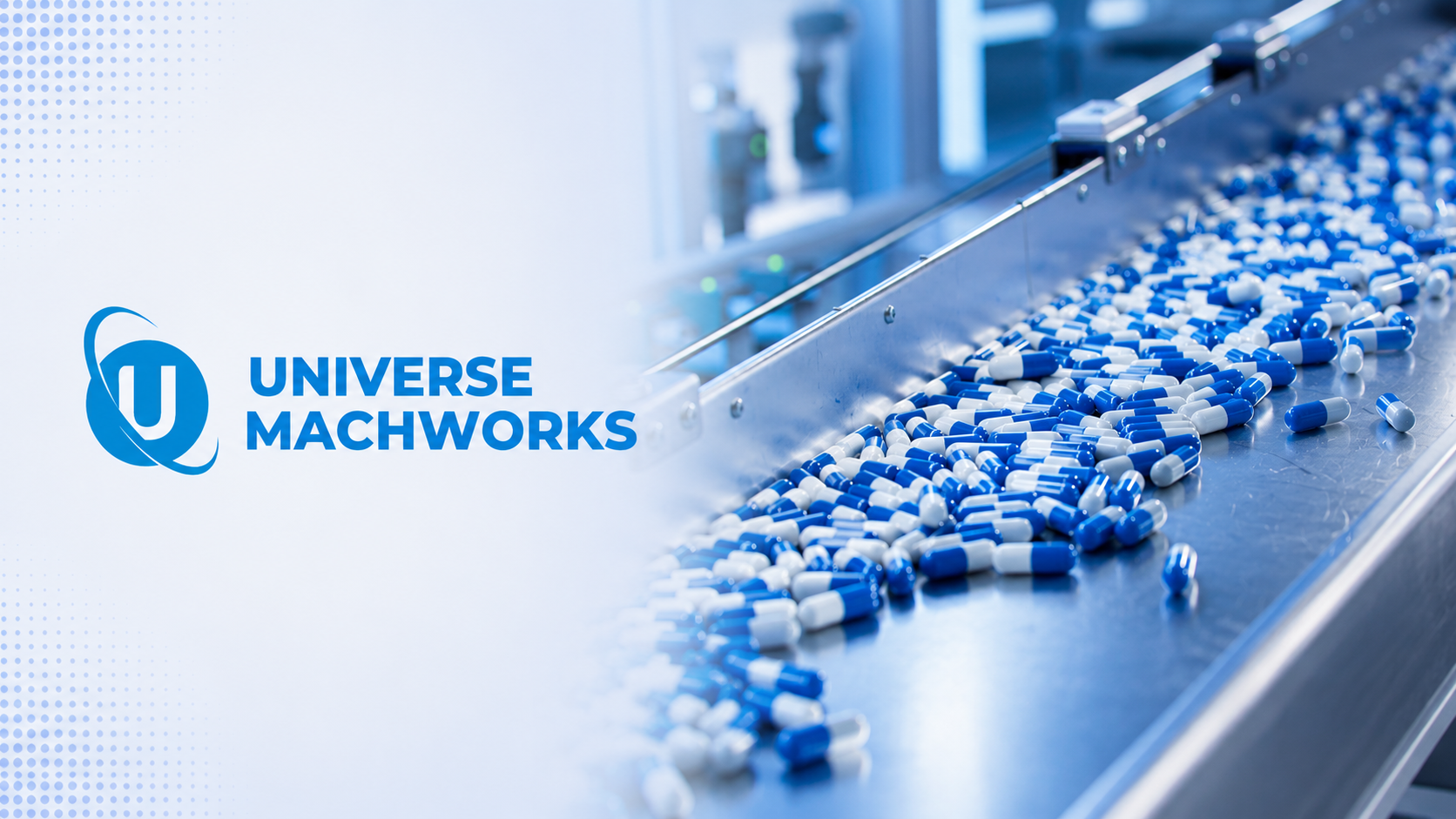 Blue and white pharmaceutical capsules moving along a stainless steel conveyor after filling