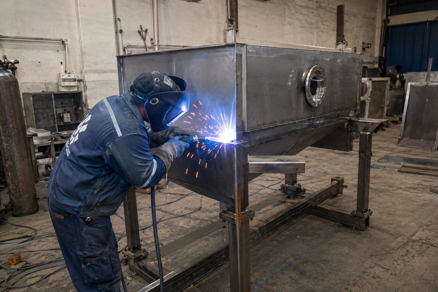 Skilled welder fabricating a stainless steel pharma machinery vessel at Universe Mach Works factory